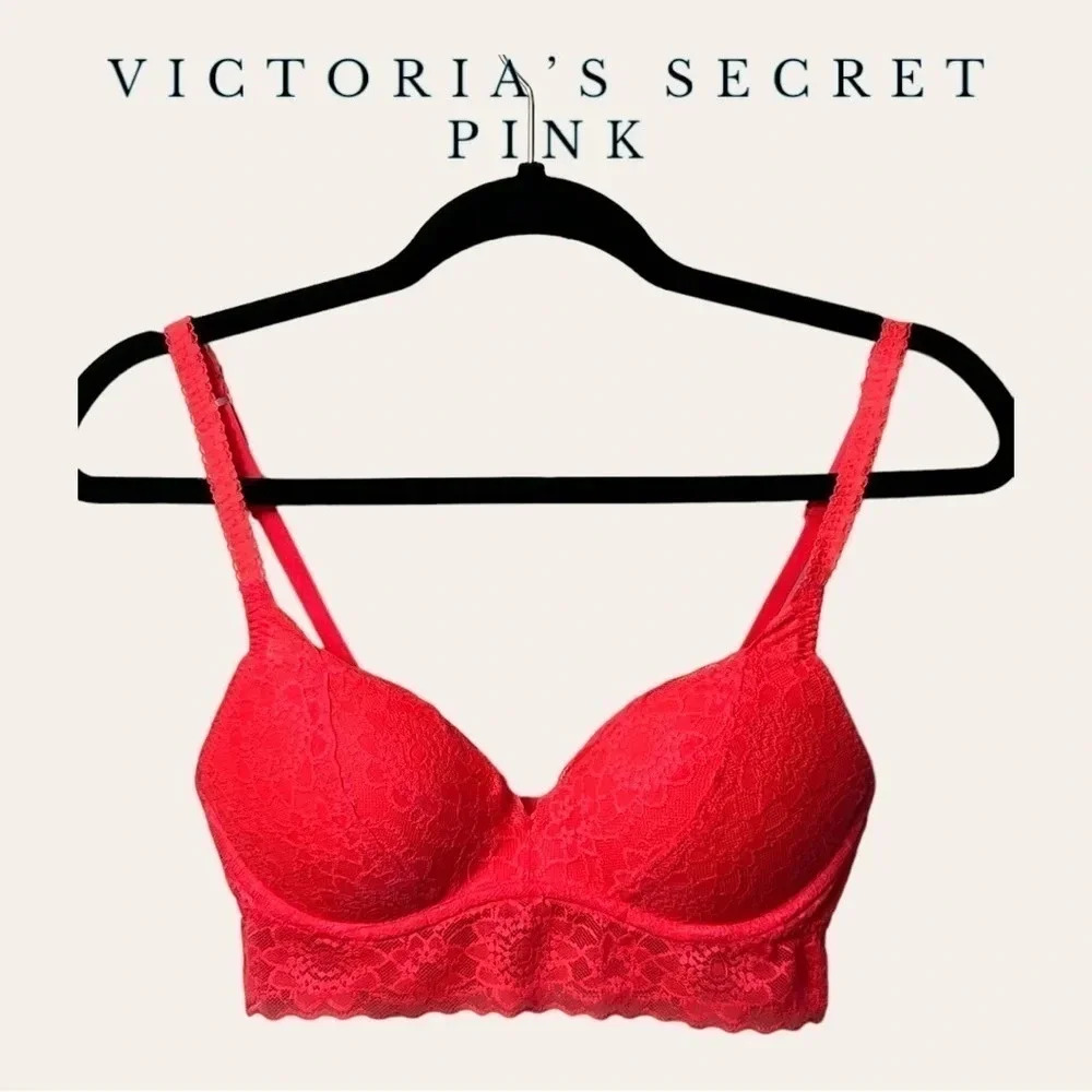 1204. VICTORIA’S SECRET PINK LACE BRALETTE NEON ORANGE IN COLOR SIZE AA-C